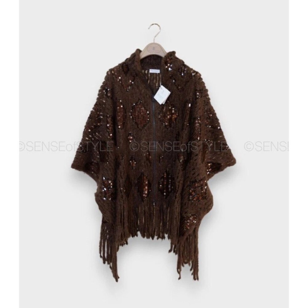 Brunello Cucinelli Nordic Fringe Mohair Poncho with Sequins Sweater Top  Size L